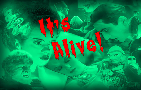 The Words "It's Alive in front of a bride of frankenstein scene in green background