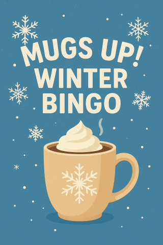 blue background with a mug of hot cocoa that says mugs up