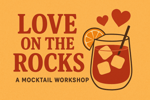 orange background red writing with a mocktail