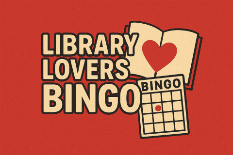 Library lovers bingo with a book bingo card on a red background