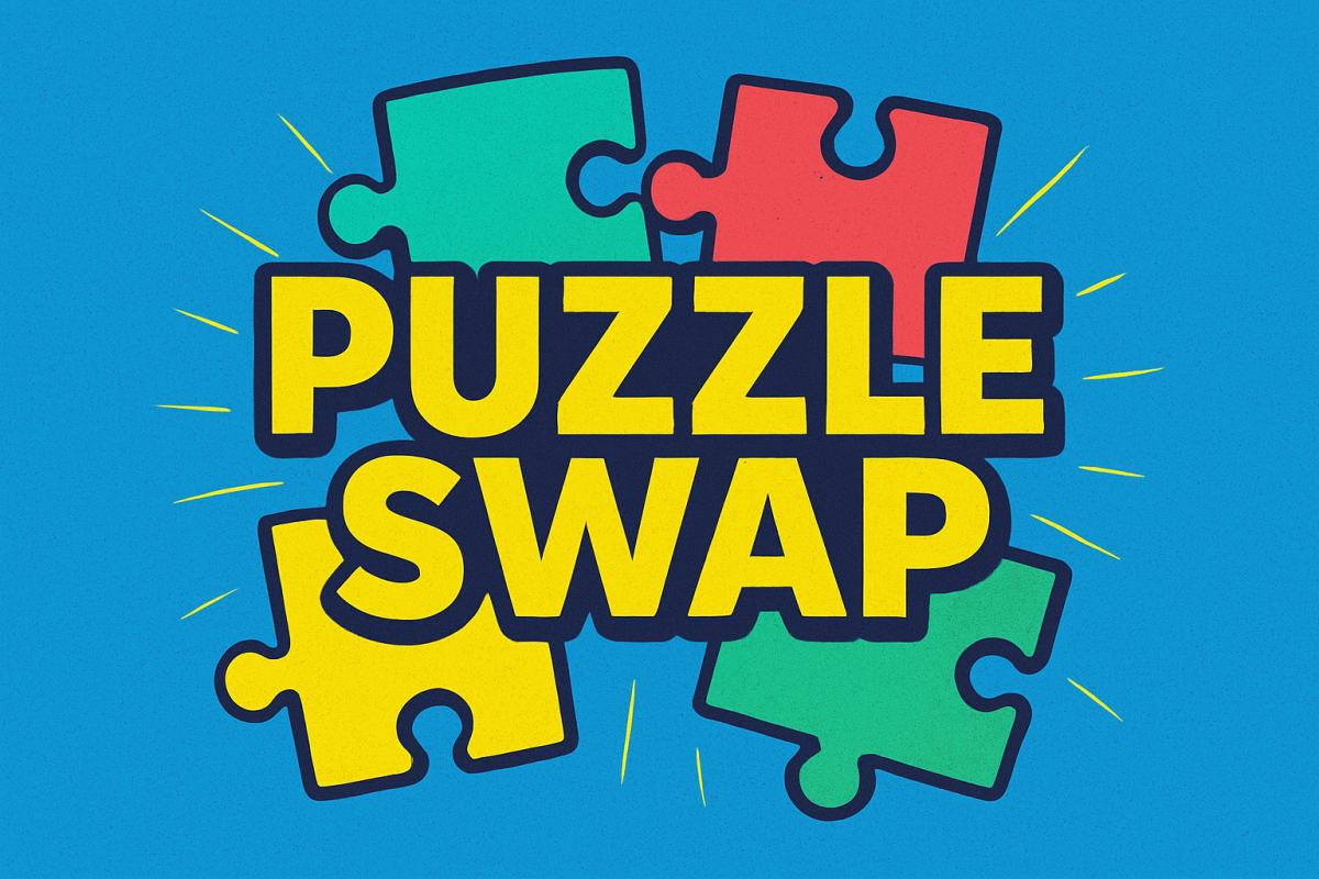 puzzle pieces on a blue background with the words Puzzle Swap
