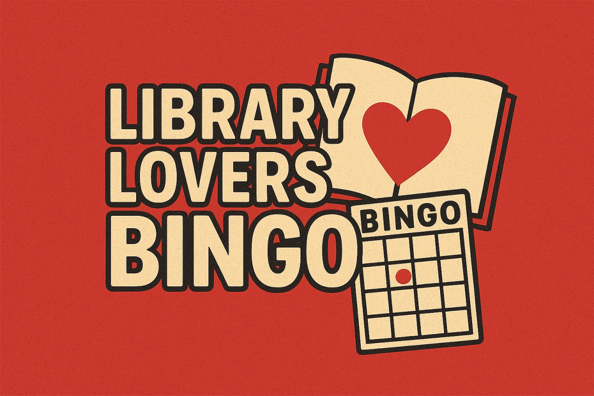 Library lovers bingo with a book bingo card on a red background