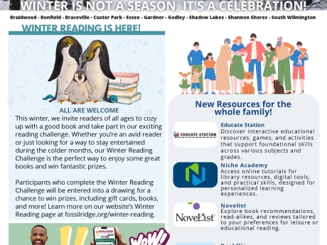 January - May 2025 Winter "Between the Stacks" newsletter cover page